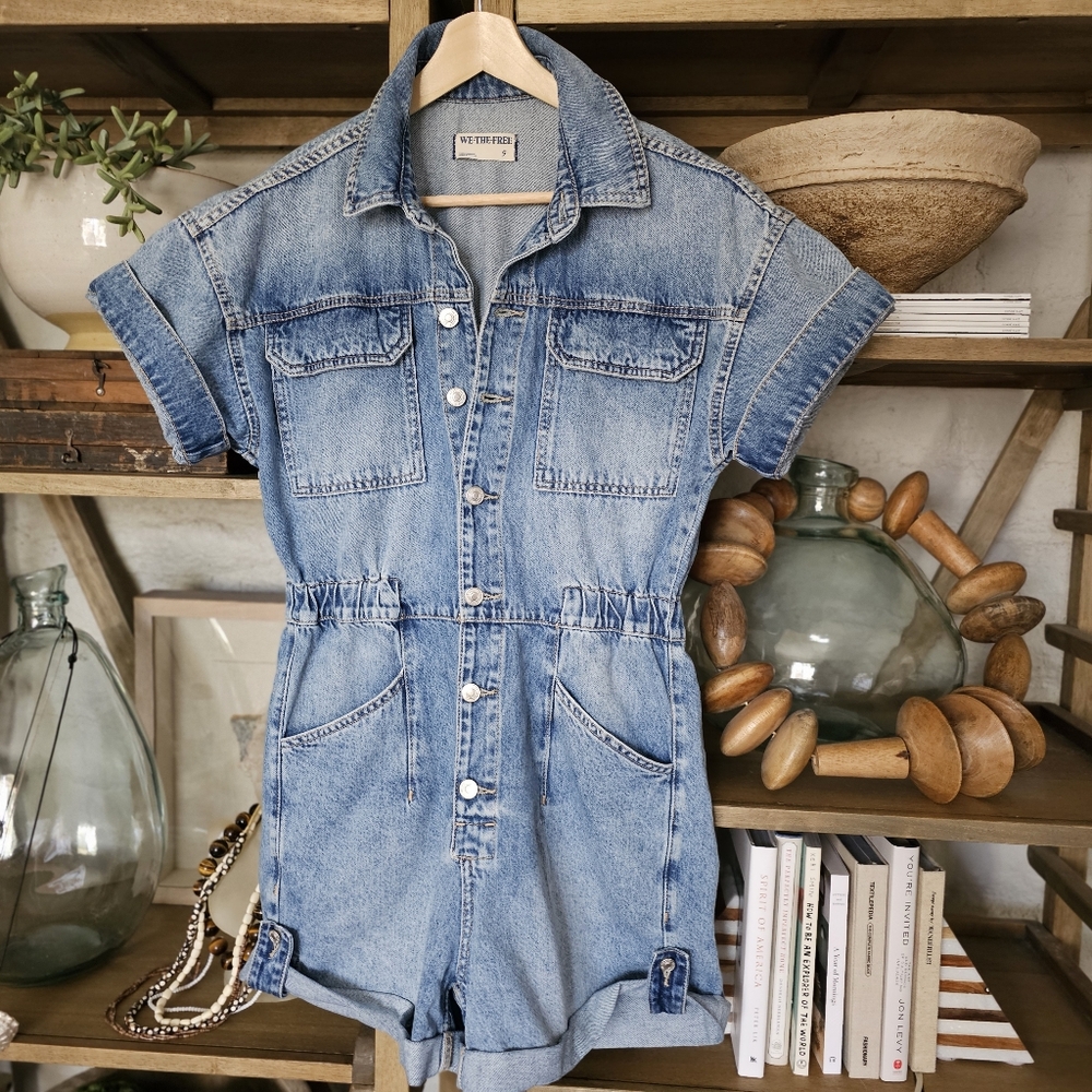 Free People We The Free Marci Cuffed Shortall Light Wash Denim Size S